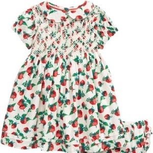 NWT Baby Boden Ivory Strawberry Patch Smocked Dress and Bloomers Set